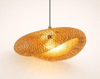 Woven Bamboo Pendant Light Hanging Lamp, Wood Ceiling Chandelier