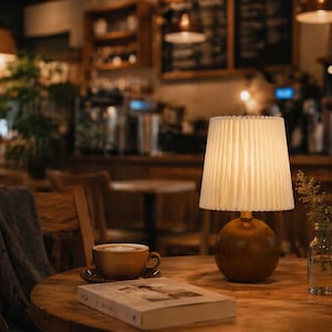 Pleated Fabric Table Lamp with Wooden Base – Cozy Scandinavian Nightstand Light