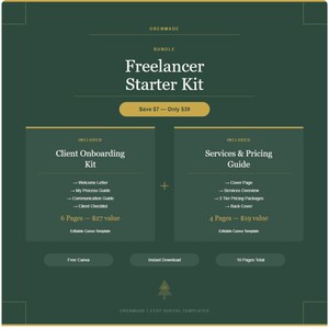 Puede incluir: Gráfico de producto digital verde oscuro con el texto "Freelancer Starter Kit". Incluye un kit de incorporación de clientes y una guía de servicios y precios. El gráfico también indica "Ahorra $7 - Solo $39."