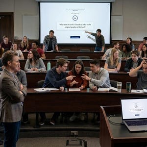 May include: A university lecture hall with students and lecturers. A screen displays a question: "What term is used in Canada to refer to the original people of the land?" A laptop is on a lectern. Students are seated at desks.