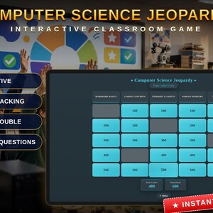 Peut inclure: Un jeu de classe interactif Computer Science Jeopardy affiché sur un écran numérique. L'interface présente une grille de tuiles bleues avec des valeurs de points, des en-têtes de catégories et des étiquettes Fully Interactive, Auto Score Tracking et Instant Download.