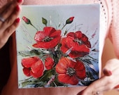 Red Poppy painting , Original flowers  painting, Original oil painting on canvas 7,9x7,9 inches (20x20 cm)