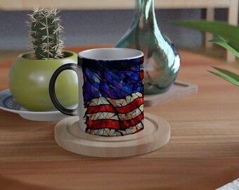 Stained Glass American Flag Magic Mug, Color Changing USA Patriotic Art Coffee Cup, Unique Gift for Sports Fan, Veteran Mug