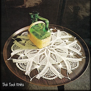 Puede incluir: Un encaje de ganchillo blanco con una botella de vidrio verde y una cesta tejida sobre una mesa de madera marrón oscuro. El texto "Tick Tock Knits" es visible en la esquina inferior izquierda de la imagen.
