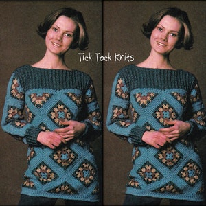 No.1142 Tilted Granny Square Sweater With Crochet Ribbing Crochet Pattern PDF For Women or Teenage Girls - Pullover - 1970&#39;s Vintage Retro