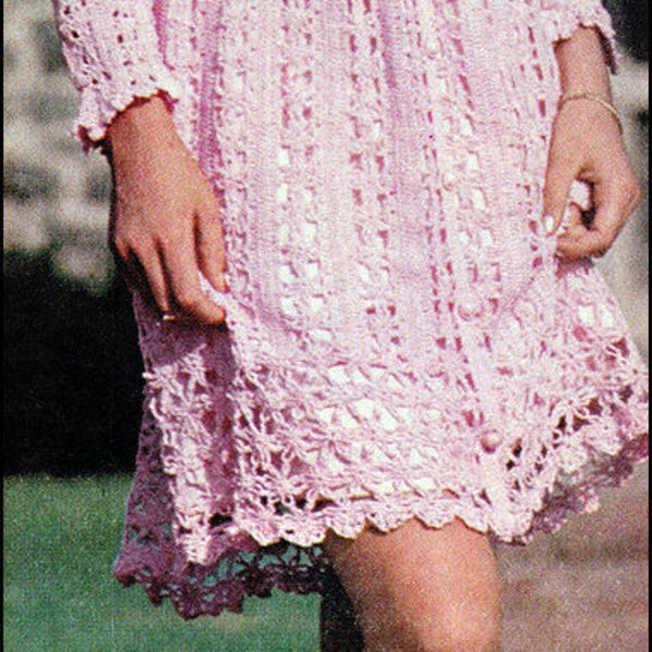 No.122 PDF Vintage Crochet Pattern - Women's Delicate Lacy Dress w/Matching Hat - Flower Pattern - 1970's Bust Sizes 31.5" - 36"