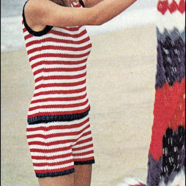 No.127 PDF Vintage Knitting Pattern - Instant Download - Women's Striped Playsuit 1970's - Bust Sizes 30.5", 31.5", 32.5", 34"