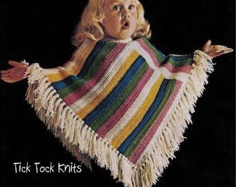Patrón de crochet para niña nº 866 en PDF - Poncho arcoíris con flecos para niña - Tallas para niñas de 6, 8, 10 y 12 años - Estilo retro de los años 70