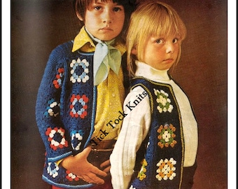 No.360 Crochet Pattern PDF Vintage - Child's Granny Square Cardigan Sweater & Vest For Boy Or Girl - Size 4, 5, 6, 7, 8, 9 Years - 1970's