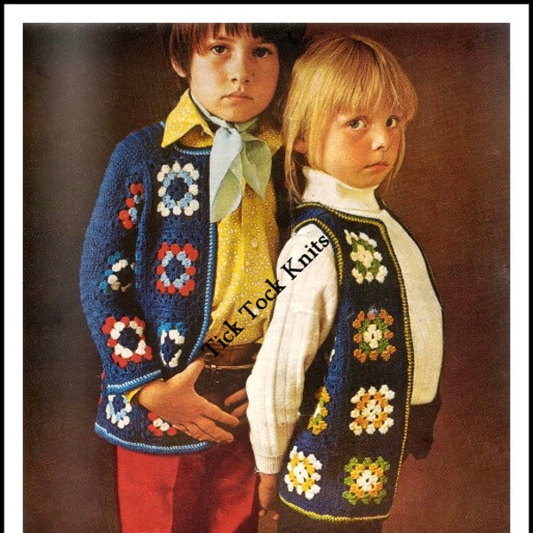 No.360 Crochet Pattern PDF Vintage - Child's Granny Square Cardigan Sweater & Vest For Boy Or Girl - Size 4, 5, 6, 7, 8, 9 Years - 1970's