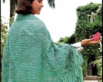 No.374 Women's Crochet Pattern 1970's Vintage PDF - Coming Up Roses Shawl - Filet Crochet With Shawl Collar - Retro Crochet Pattern