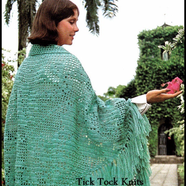 No.374 Women's Crochet Pattern 1970's Vintage PDF - Coming Up Roses Shawl - Filet Crochet With Shawl Collar - Retro Crochet Pattern