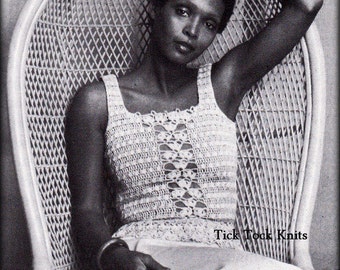 May include: A black and white photograph of a person wearing a crocheted top with a lace design. The person is sitting in a wicker chair. The text "Tick Tock Knits" is visible in the bottom right corner of the image.