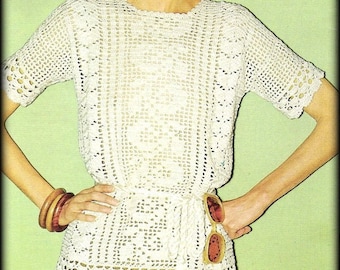 No.734 Vintage Women's Filet Crochet Pattern PDF - Filet Lace Blouse - Top Short Sleeve Pullover Sweater - 1970's Retro Boho