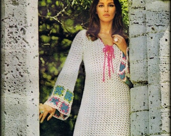 No.654 Women's Crochet Dress Pattern PDF - Vintage Granny Square Boarder Dress - Beach Bikini Cover-Up - Summer 1970's Retro Pattern