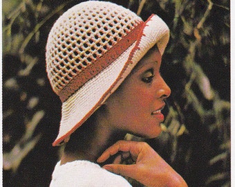 Nr.510 Hut Häkelanleitung PDF für Damen - Farbkontrast Cloche - Vintage 1970's Retro Boho Häkelanleitung - Sommerhut mit Krempe