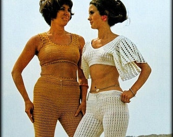 No.745 Crochet Pattern For Women PDF - 2 Crochet Crop Tops & Pants Sets - Pantsuits Beach Bikini Cover-Up 1970's Vintage Retro Boho