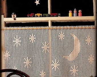 No.706 Filet Crochet Curtain Pattern PDF - Moon And Stars Cafe Curtain - Vintage Crochet 1970's Retro Baby Nursery Child's Bedroom Kitchen