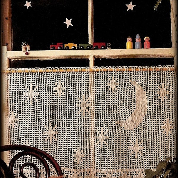 No.706 Filet Crochet Curtain Pattern PDF - Moon And Stars Cafe Curtain - Vintage Crochet 1970's Retro Baby Nursery Child's Bedroom Kitchen