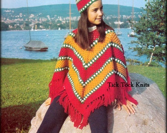 No.428 Patrón de crochet para niña PDF Vintage - Poncho y sombrero - Niño preadolescente adolescente Tamaño 10, 11, 12, 13 años - Patrón de crochet retro de los años 70