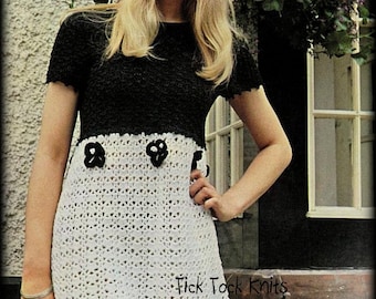 Nr.763 Damen Kleid Häkelanleitung PDF Vintage - Farbkontrast-Kleid - T-Shirt Kurzarm 1970's Retro Boho Häkelanleitung