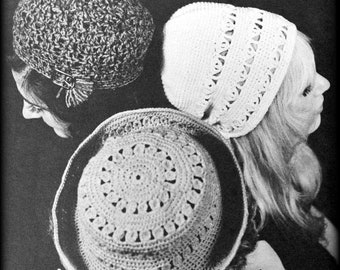 No.753 Ein Trio von Hüten zum Häkeln - Damen Häkelanleitung PDF Vintage - Vintage 1970er Retro Boho Häkelanleitung - Cloche Hut mit Krempe