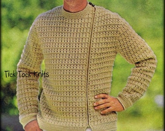 No.653 Men's Crochet Pattern PDF - Asymmetrical Cardigan Sweater Coat - Side Zipper Jacket - 1970's Vintage Retro Crochet Pattern