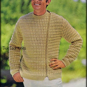 No.653 Men's Crochet Pattern PDF - Asymmetrical Cardigan Sweater Coat - Side Zipper Jacket - 1970's Vintage Retro Crochet Pattern