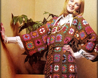 No.440 Crochet Pattern PDF Vintage Women's Granny Square Coat Jacket - Japanese Happi Coat Kimono Sleeves - 1970's Boho Crochet Pattern