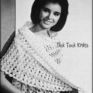 May include: A black and white photo of a woman wearing a white crocheted shawl. The shawl has a delicate lace pattern and is worn over a black dress. The text "Tick Tock Knits" is visible in the upper right corner of the image.