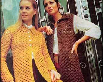 No.1258 Women's Long Openwork Coat & Vest Crochet Pattern PDF - Vintage 1970's Retro Wool - Teenage Girls - Sweater Coat Cardigan