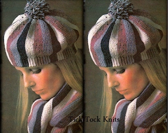 No.463 Women's Knitting Pattern Vintage PDF - Sideways Garter Stitch Scarf & Hat - Striped Short Rows - 1970's Retro Knitting Pattern