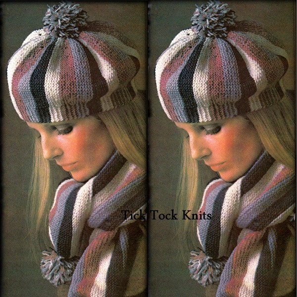 No.463 Women's Knitting Pattern Vintage PDF - Sideways Garter Stitch Scarf & Hat - Striped Short Rows - 1970's Retro Knitting Pattern