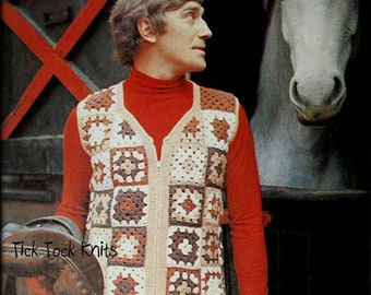 No.878 Men's Crochet Pattern PDF - Granny Square Zippered Vest - Motif Cardigan Sweater Vest - Unisex Teenage Boy Women Vintage 1970's