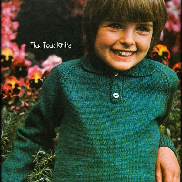 No.1285 Pull Henley pour garçon ou fille avec col Modèle de tricot PDF - Pull vintage des années 1960 pour enfant - Enfants 6, 8, 10, 12, 14 ans