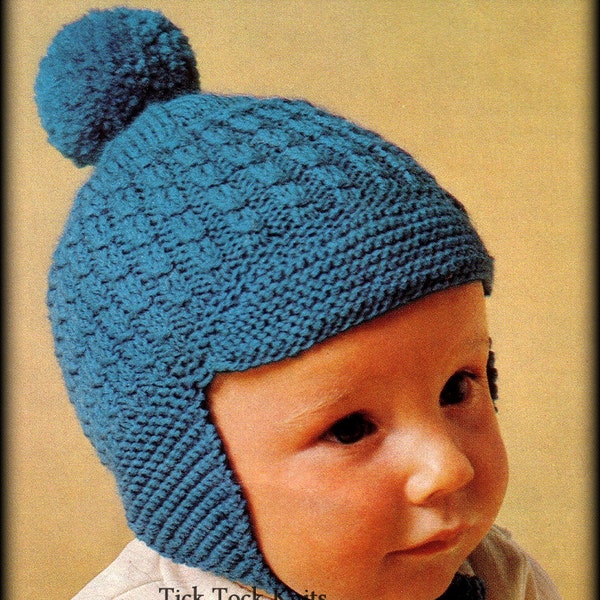 No.350 Baby Hat Knitting Pattern PDF Vintage - Earflap Hat With Brim - Size 9 to 15 months - 1960's Retro Baby Knitting Pattern