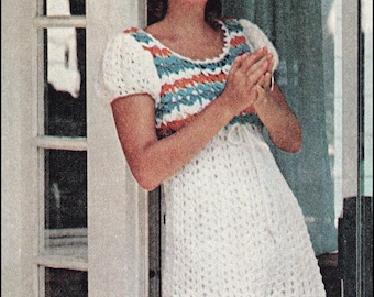 No.120 PDF Vintage Crochet Pattern Women's Empire Waist Puffed Sleeve Dress - 1970's Retro Crochet Pattern - Instant Download