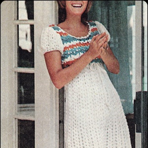 No.120 PDF Vintage Häkelmuster Damen Empire Taillen Puffärmel Kleid 1970er Retro Häkelmuster Direkter Download Bild 1