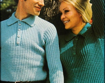 No.1304 Embossed Ladder Stitch Henley Knitting Pattern PDF For Men, Women, Teenage Boys & Girls - Pullover Sweater - 1970's Vintage Retro