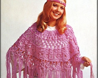 No.704 Women/'s Poncho Crochet Pattern PDF Vintage Lace 1970/'s Retro Boho Crochet Pattern Fringed Poncho