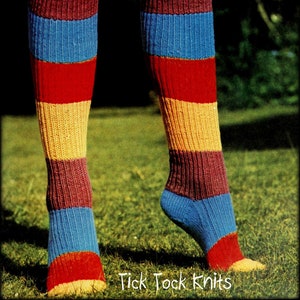 May include: Striped knee-high socks in blue, red, yellow, and maroon. The socks are knit with a ribbed texture. The text "Tick Tock Knits" is visible at the bottom of the image.