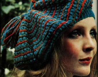 No.1164 Slouchy Tam - Women's Knitting Pattern PDF - Garter Stripe Beret Hat - Vintage 1970's Retro Boho Knitting - Digital Download