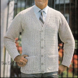 No.857 Crochet Pattern For Men PDF - Classic V-Neck Cardigan With Patch Pockets - Sweater Coat Jacket - 1970&#39;s Vintage Retro Teenage Boys