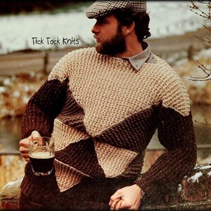 May include: A brown and beige knitted sweater with a diamond pattern. The sweater has a crew neck and long sleeves. The text "Tick Tock Knits" is visible in the image.