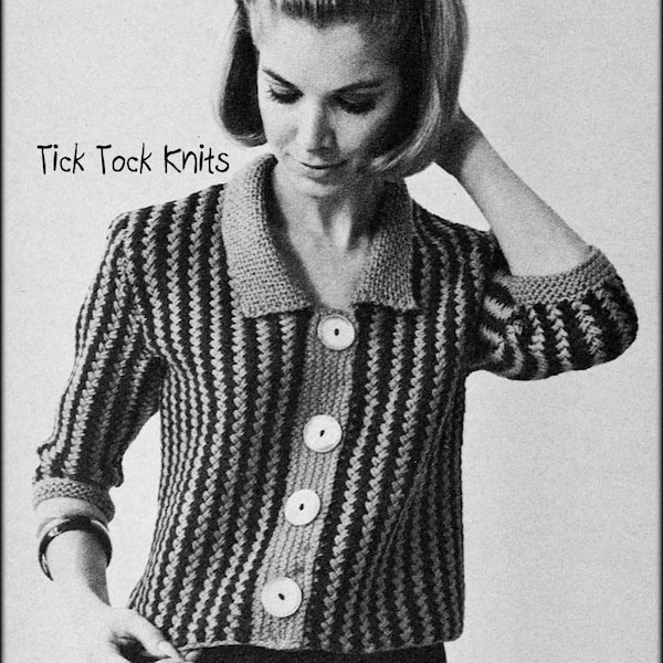 No.1000 Women's Sideways-Knit Striped Jacket Knitting Pattern PDF - Teenage Girl's Cardigan Sweater - Vintage 1960's Retro Digital Download