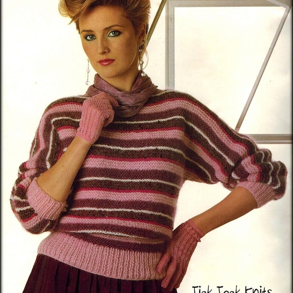 No.1223 Striped Batwing Sweater - Women's Knitting Pattern PDF - 1970's Vintage Pullover Sweater Bat Wing - Teenage Girls