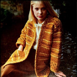 No.828 Women's Crochet Pattern - Autumn Cardigan Sweater - PDF Vintage Jacket Coat Retro Boho  Orange Gold Wool