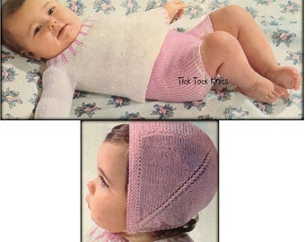 No.739 Baby Girl Knitting Pattern PDF Vintage - Garter-Stripe Baby Set - Bonnet, Sweater & Shorts - Size Newborn, 3, 6 months