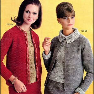 No.1193 Two 3-Piece Crochet Suits For Women PDF - 1960's Vintage Cardigan Sweater Jacket & Skirt Sets Retro Boho - Women's Crochet Pattern
