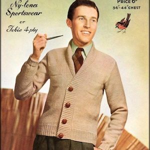 May include: A beige cardigan with a brown button closure and a brown and white striped tie. The cardigan is made of a soft, knitted fabric. The text "Robin Ny-lona Sportswear or Tobie 4 ply" is printed on the top left corner of the image. The text "No 603 PRICE 6D 34-44 CHEST" is printed on the top right corner of the image. The text "Tick Tock Knits" is printed on the bottom right corner of the image.